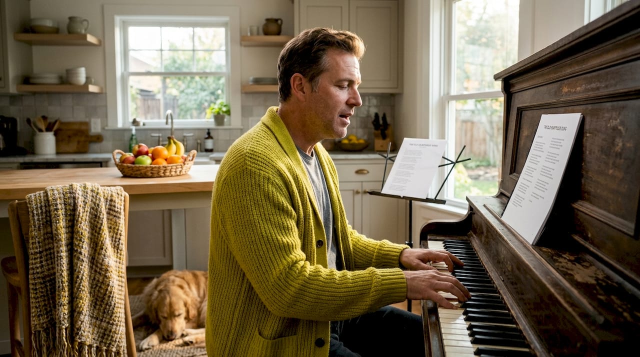 Man practicing intonation at piano with lyrics