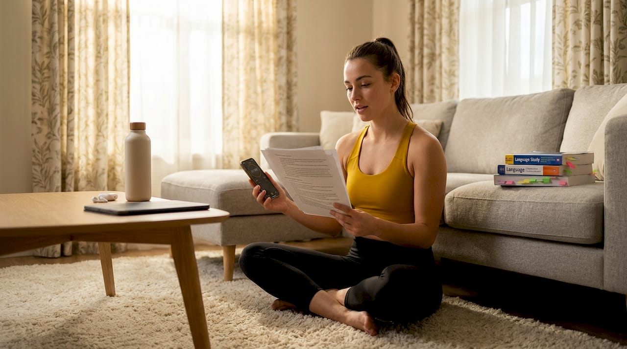 Woman practicing pronunciation drill at home