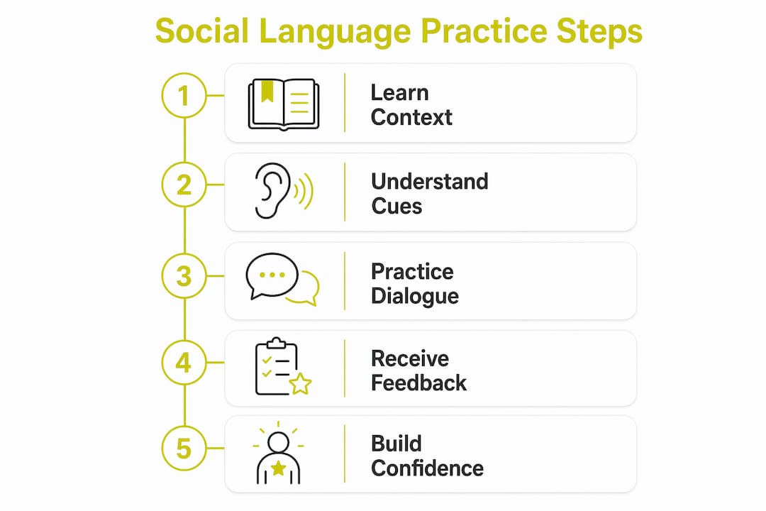 Infographic showing five steps of social language practice
