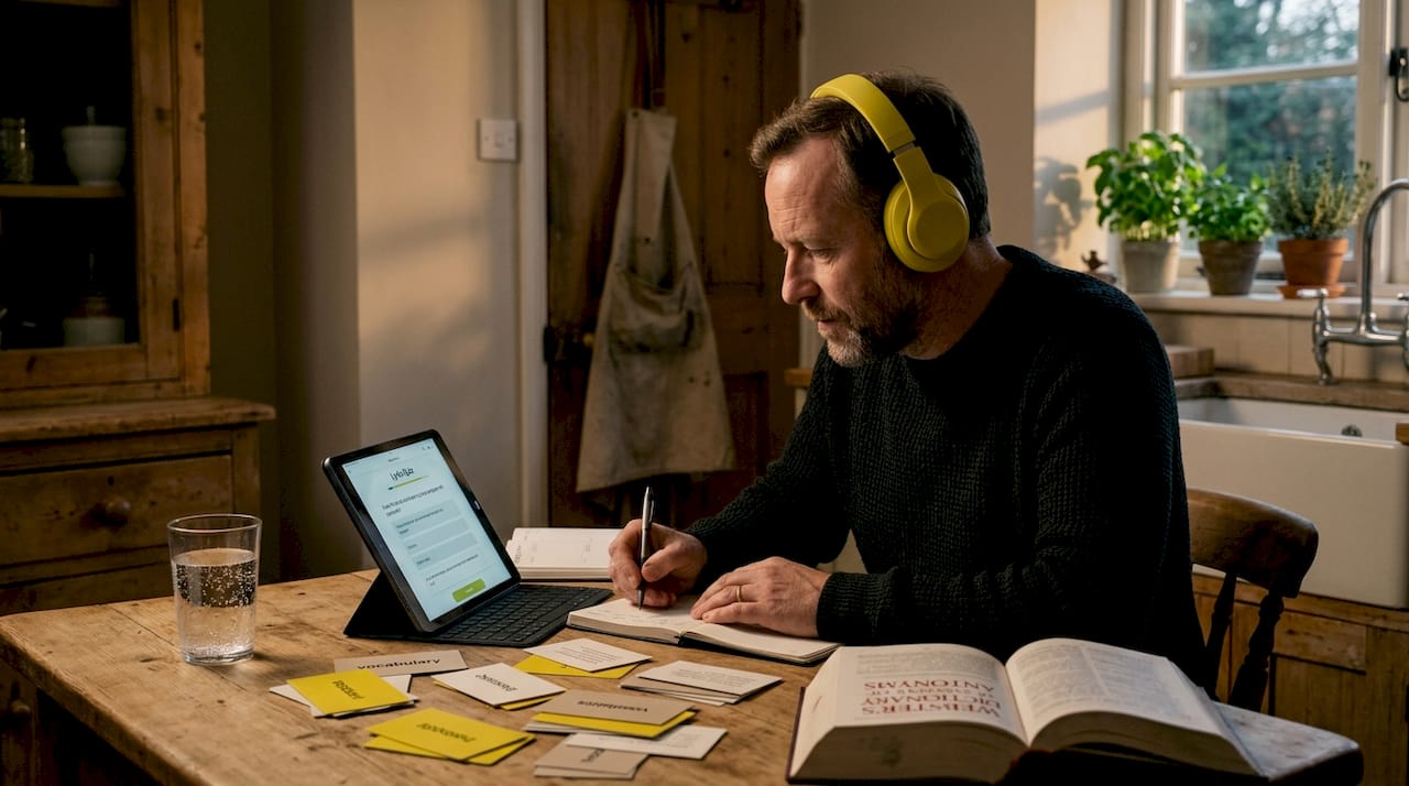 Man engaged in lyric quiz with tablet