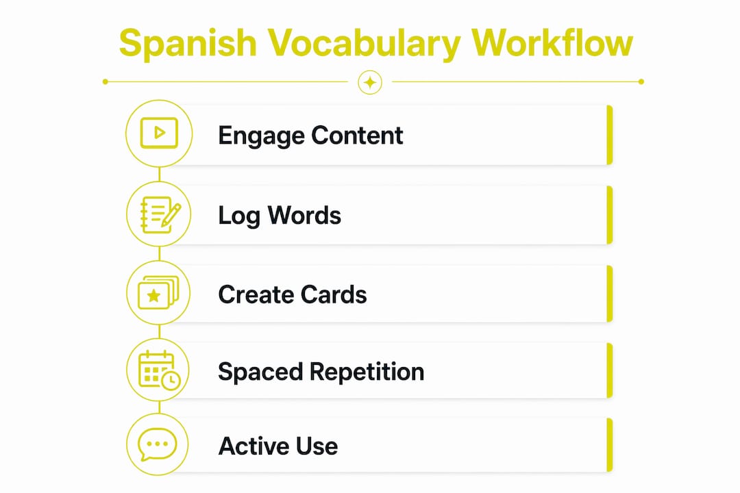 Infographic illustrating Spanish vocabulary workflow steps