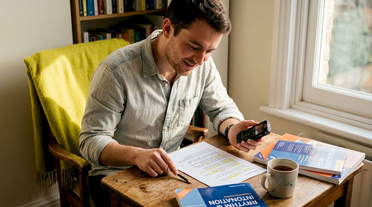 Man practicing speech rhythm with recorder and lyrics