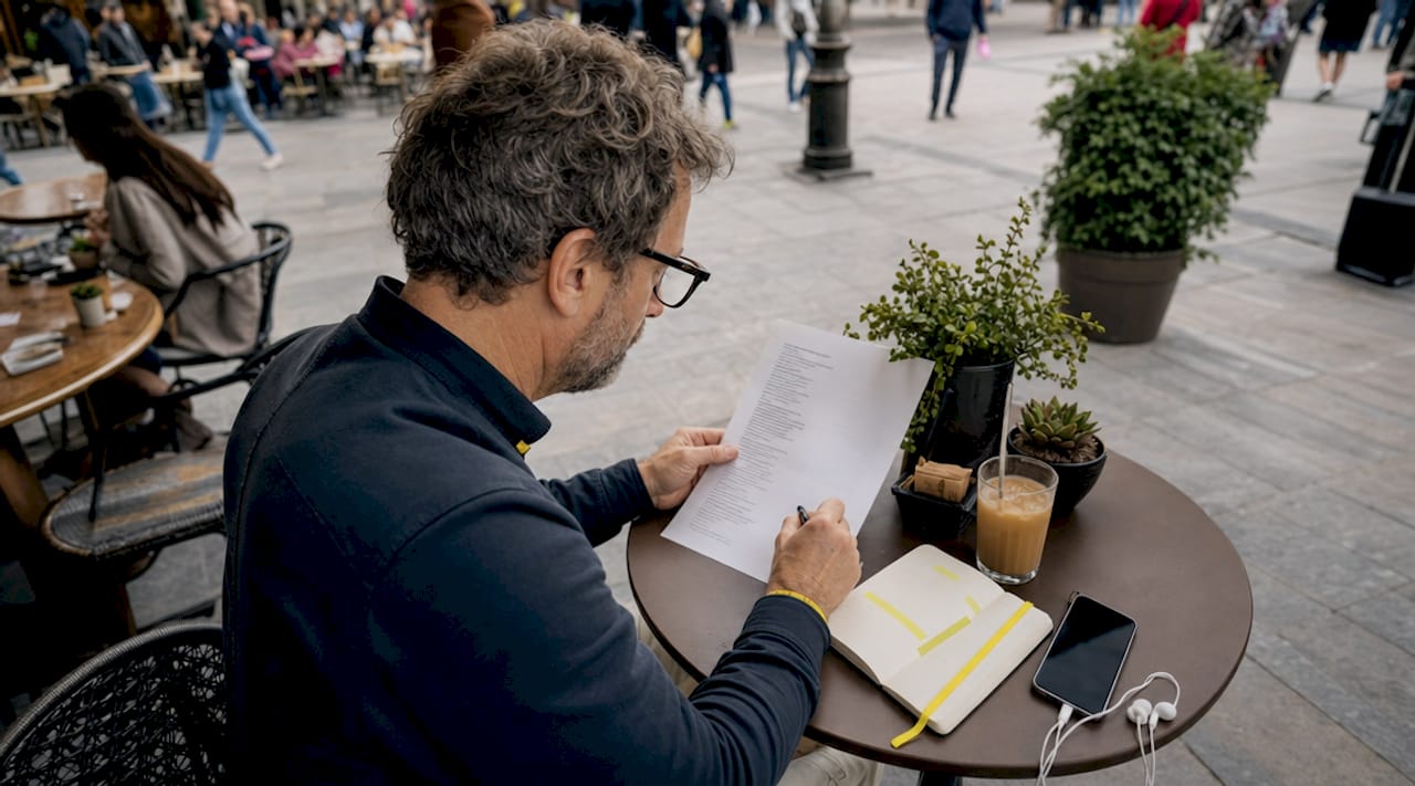 Man annotating song lyrics while listening to music in café