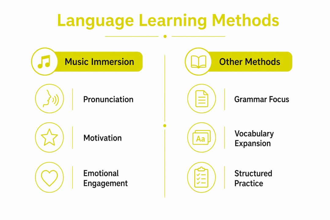 Infographic comparing music immersion to other language learning methods