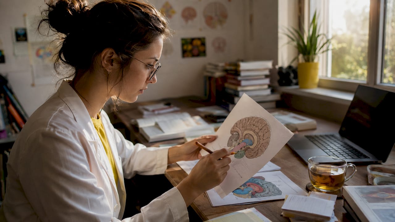 Researcher studying brain memory diagrams