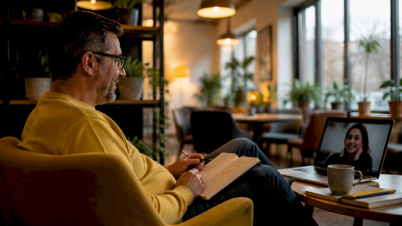 Man in living room during live tutoring session