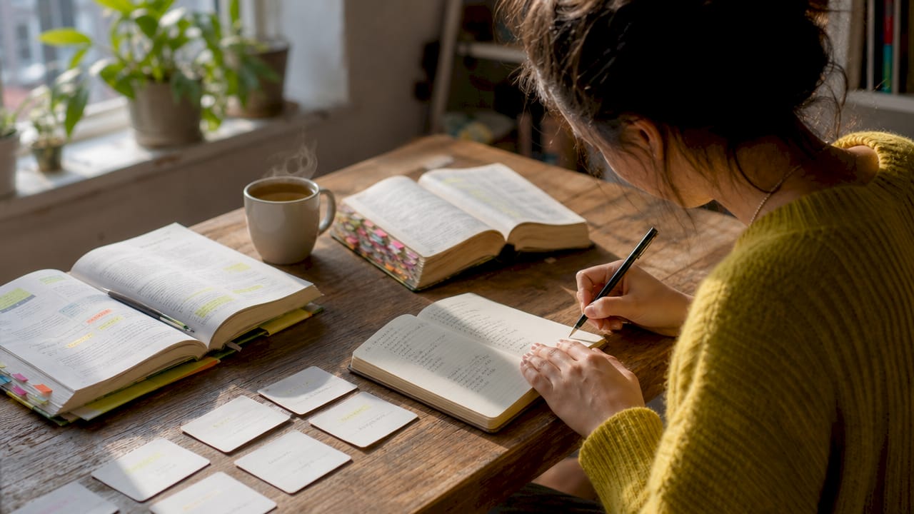 Overhead view of language study materials on desk
