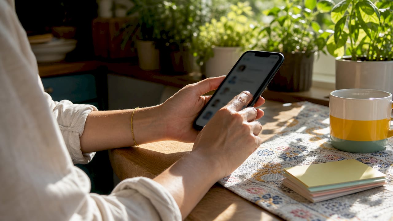 Hands using language exchange app on smartphone