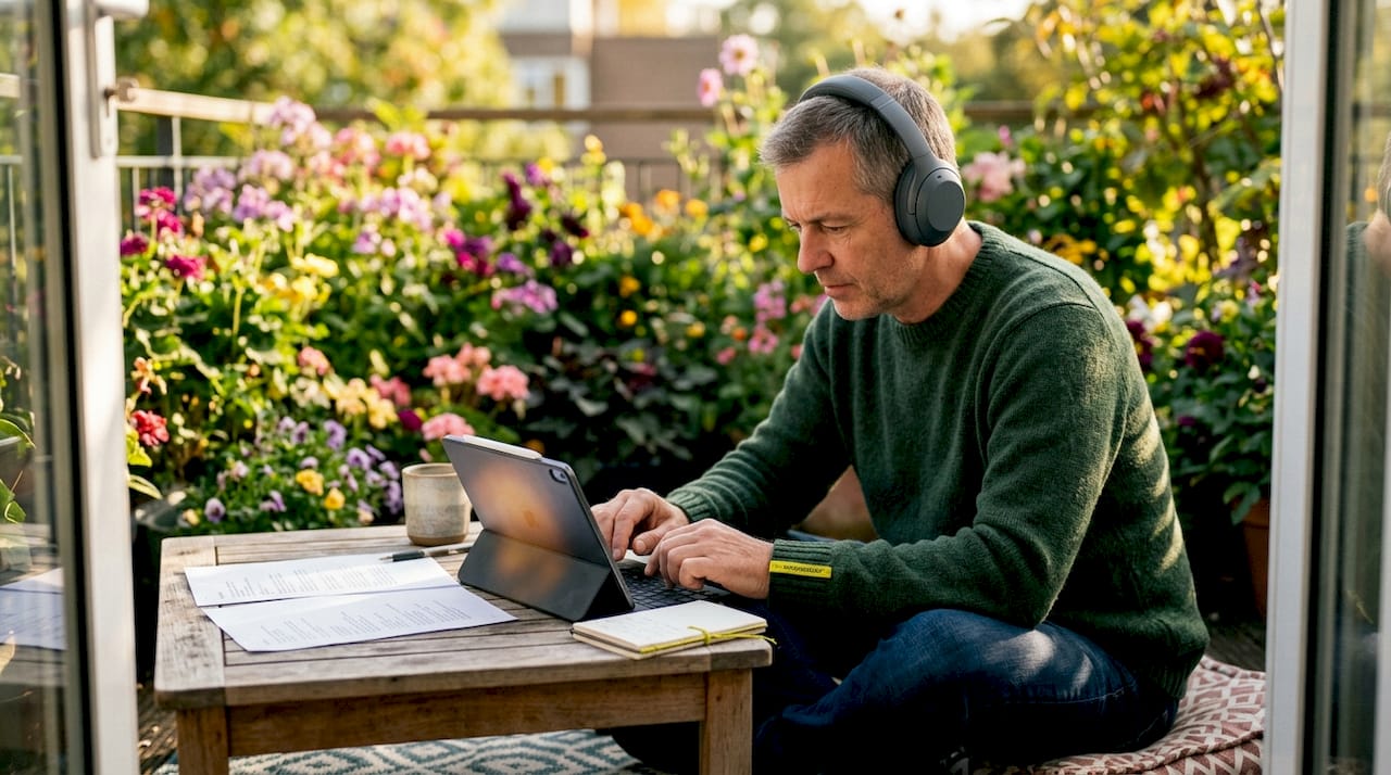 Man using playback devices for speaking practice