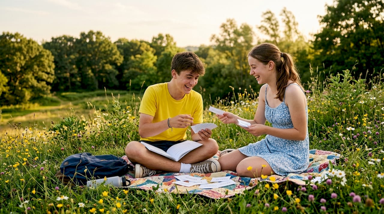 Two teens practicing language together