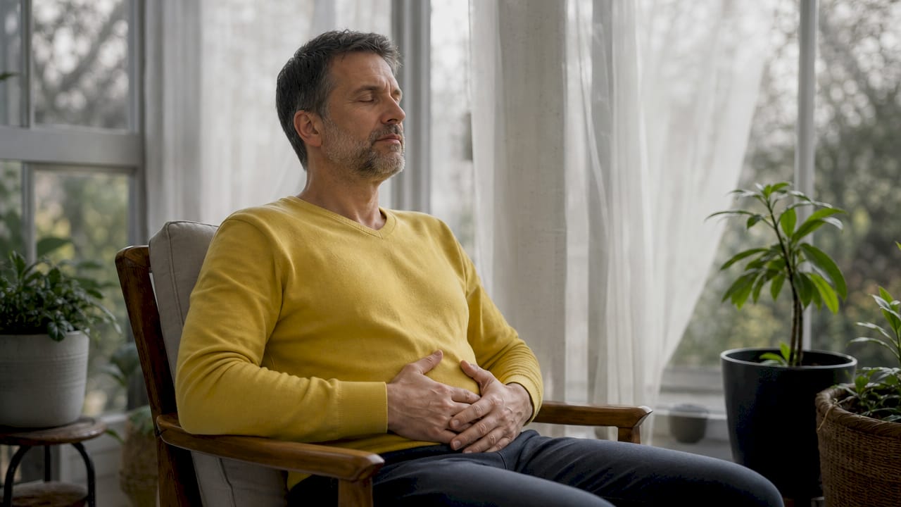 Man practicing breathing exercise for pronunciation