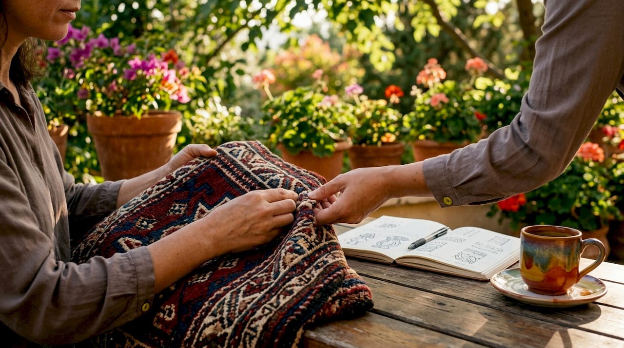 Hands with cultural textile and notebook