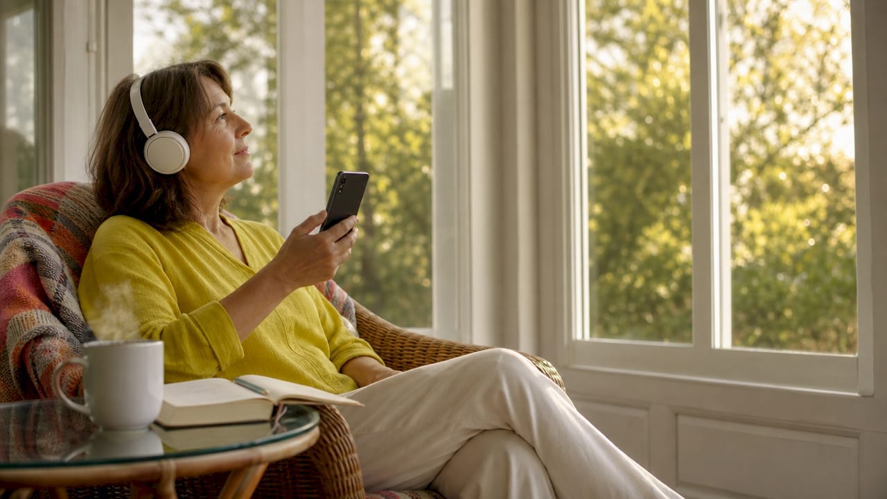 Woman listening to language podcast at home