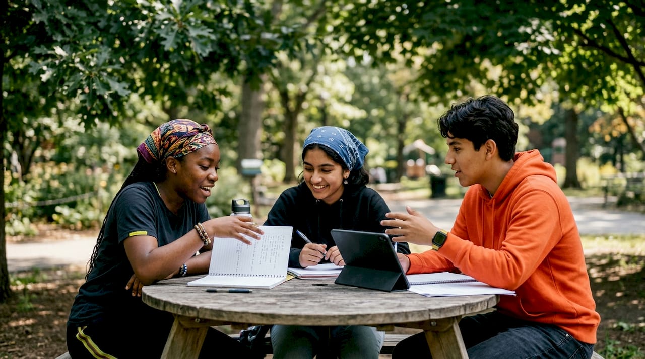 Students collaborating outdoors on group project