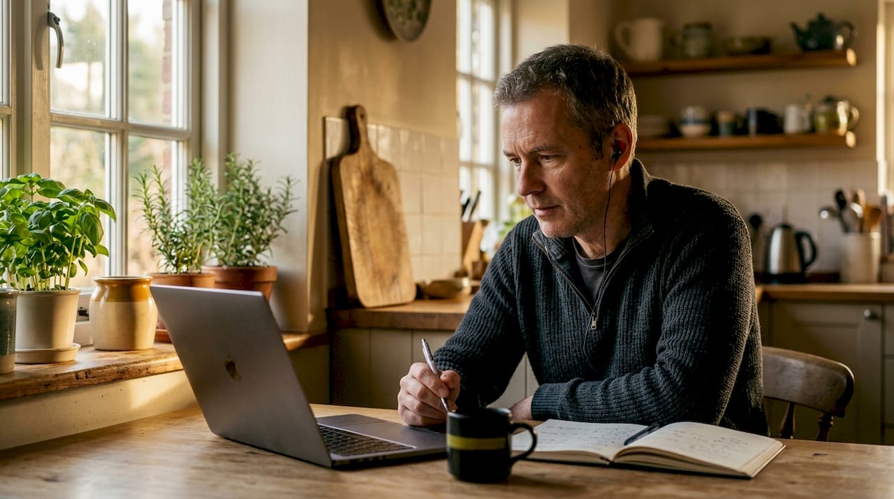 Man practicing German shadowing at home desk
