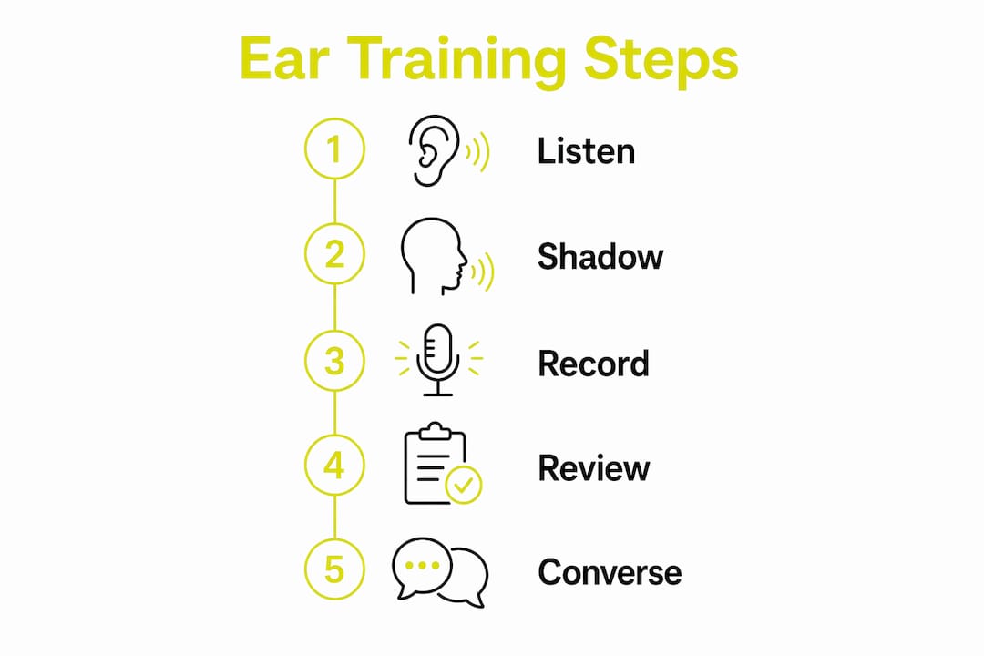 Infographic illustrating ear training steps for German learners