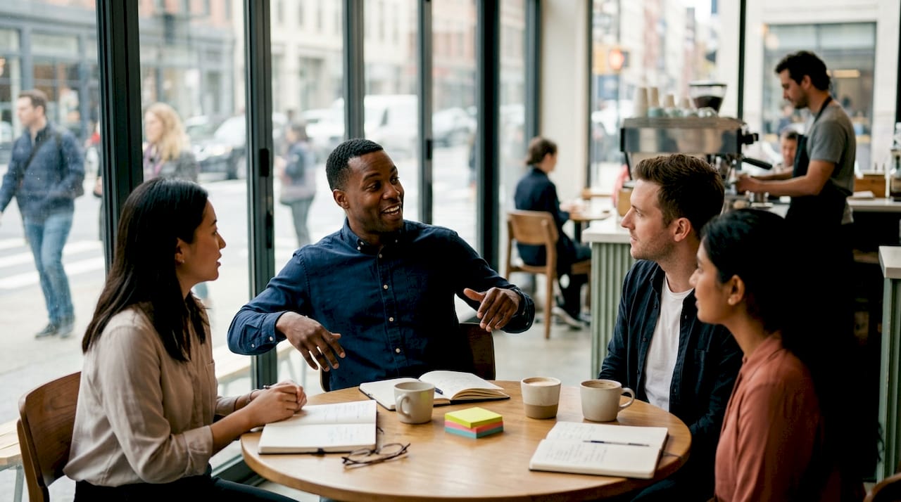 Colleagues engaged in face-to-face professional discussion
