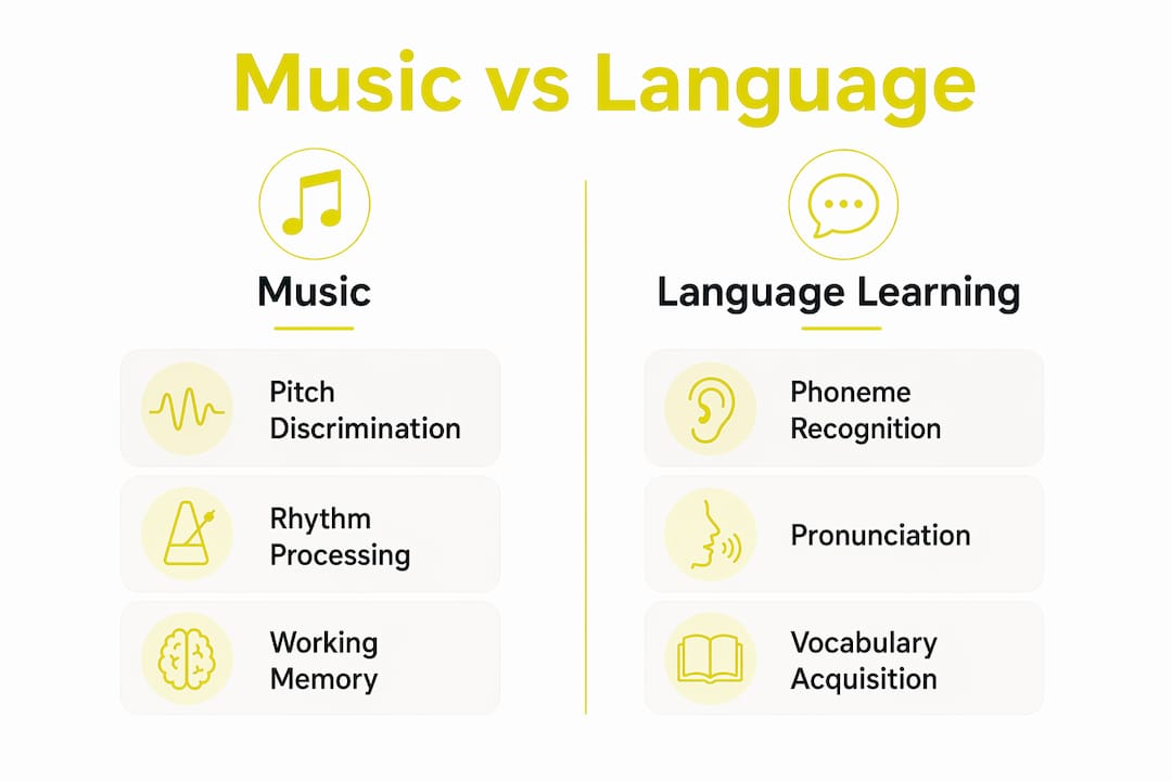 Infographic comparing music and language cognitive skills