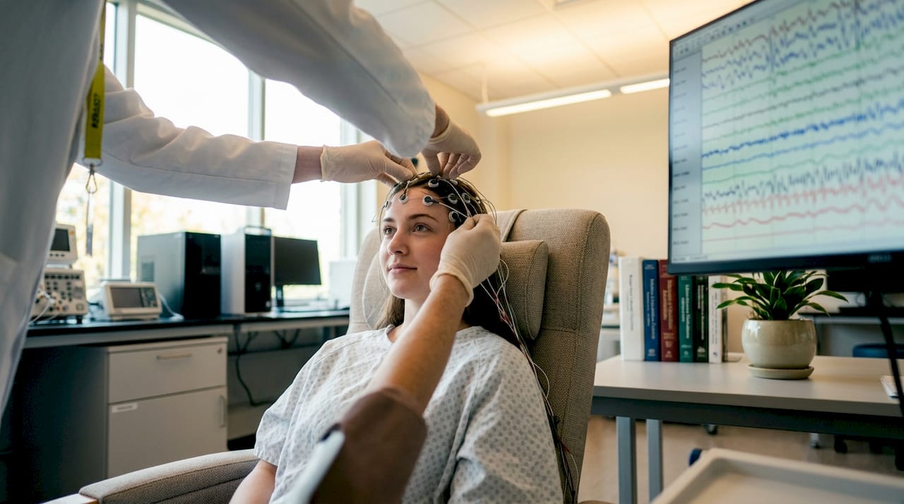 Neurologist fitting electrodes for brain activity scan
