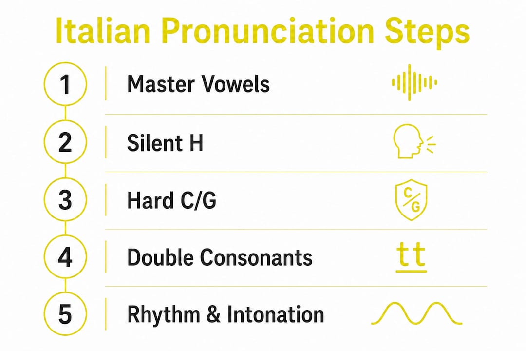 Step-by-step Italian pronunciation tips infographic