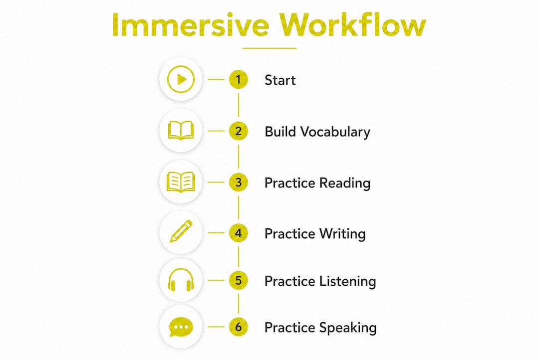 Infographic illustrating immersive German learning workflow steps