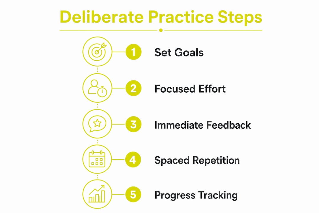 Infographic illustrating deliberate practice steps in language learning