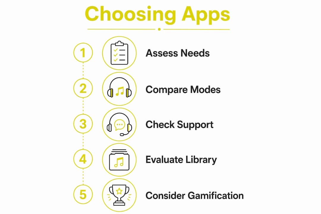 Infographic outlining steps to choose music language apps