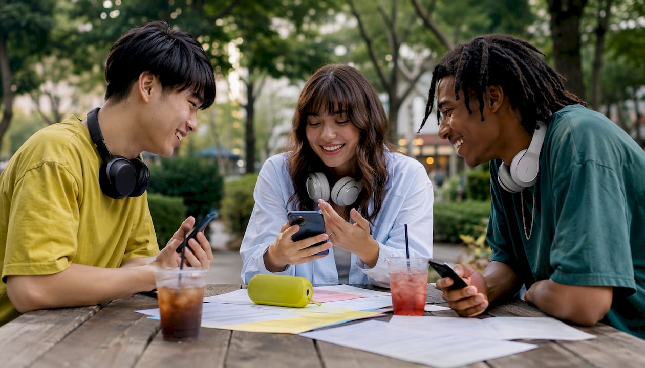Group sharing music language learning experiences at café