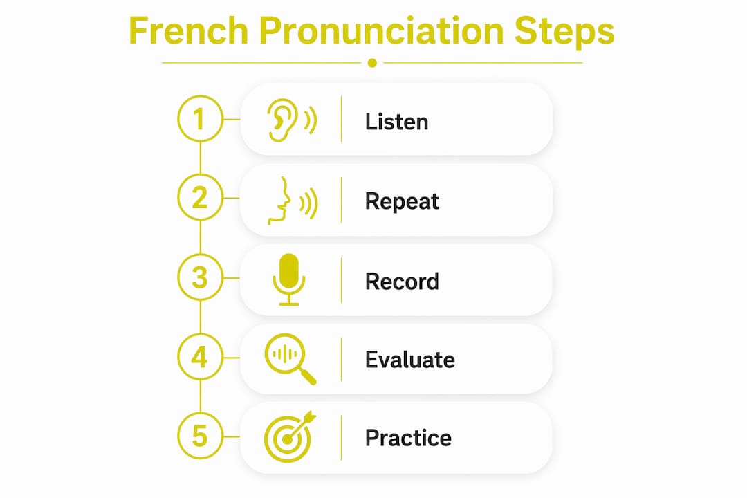 Infographic showing French pronunciation practice steps