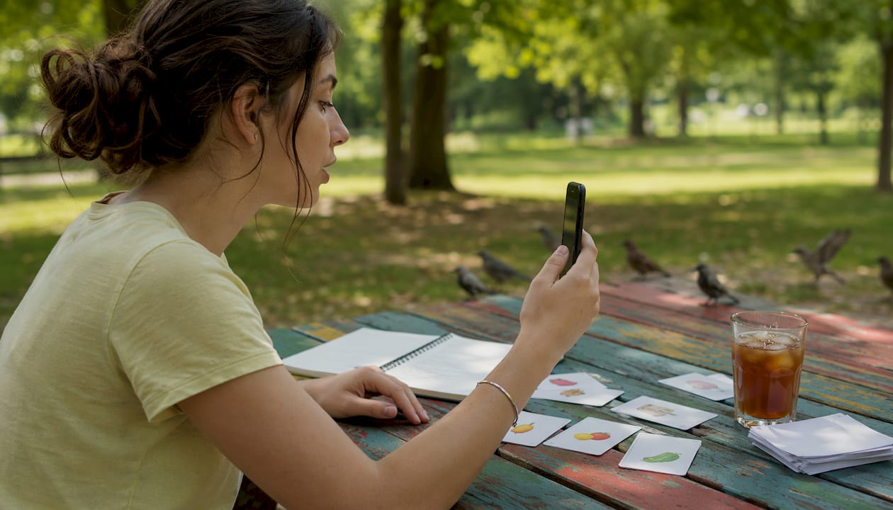 Hands recording French practice with smartphone app