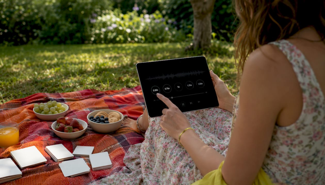 Hands adjusting slowed music playback speed