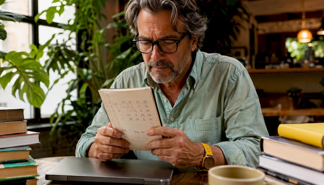 Mature man studying language phonetics in library