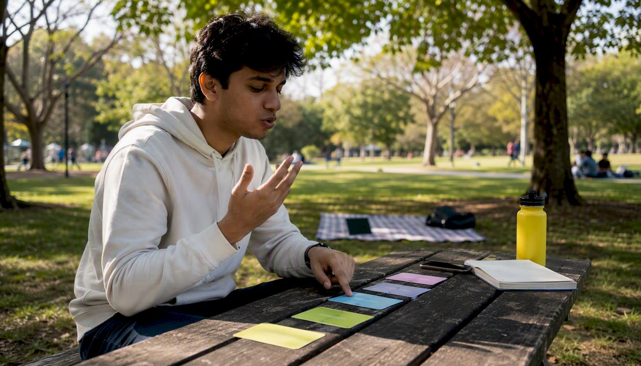 Young man practicing pronunciation with flashcards in cafe