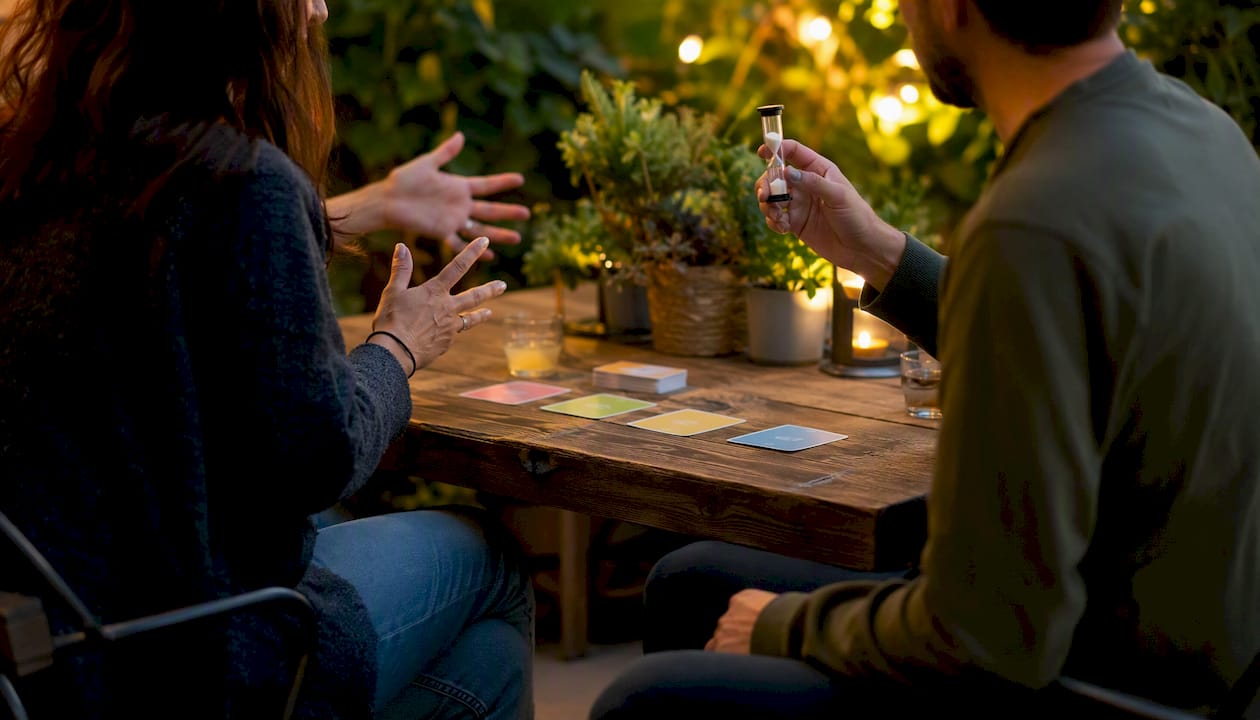 Two ESL learners playing a speaking game with props