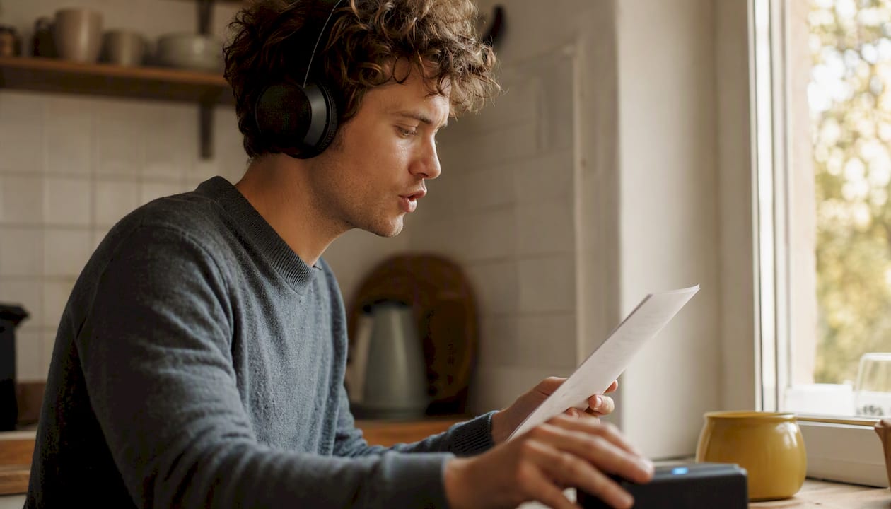 Person practicing French pronunciation with headphones