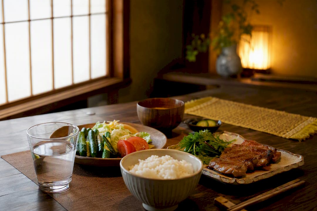 Traditional Japanese meal on dining table