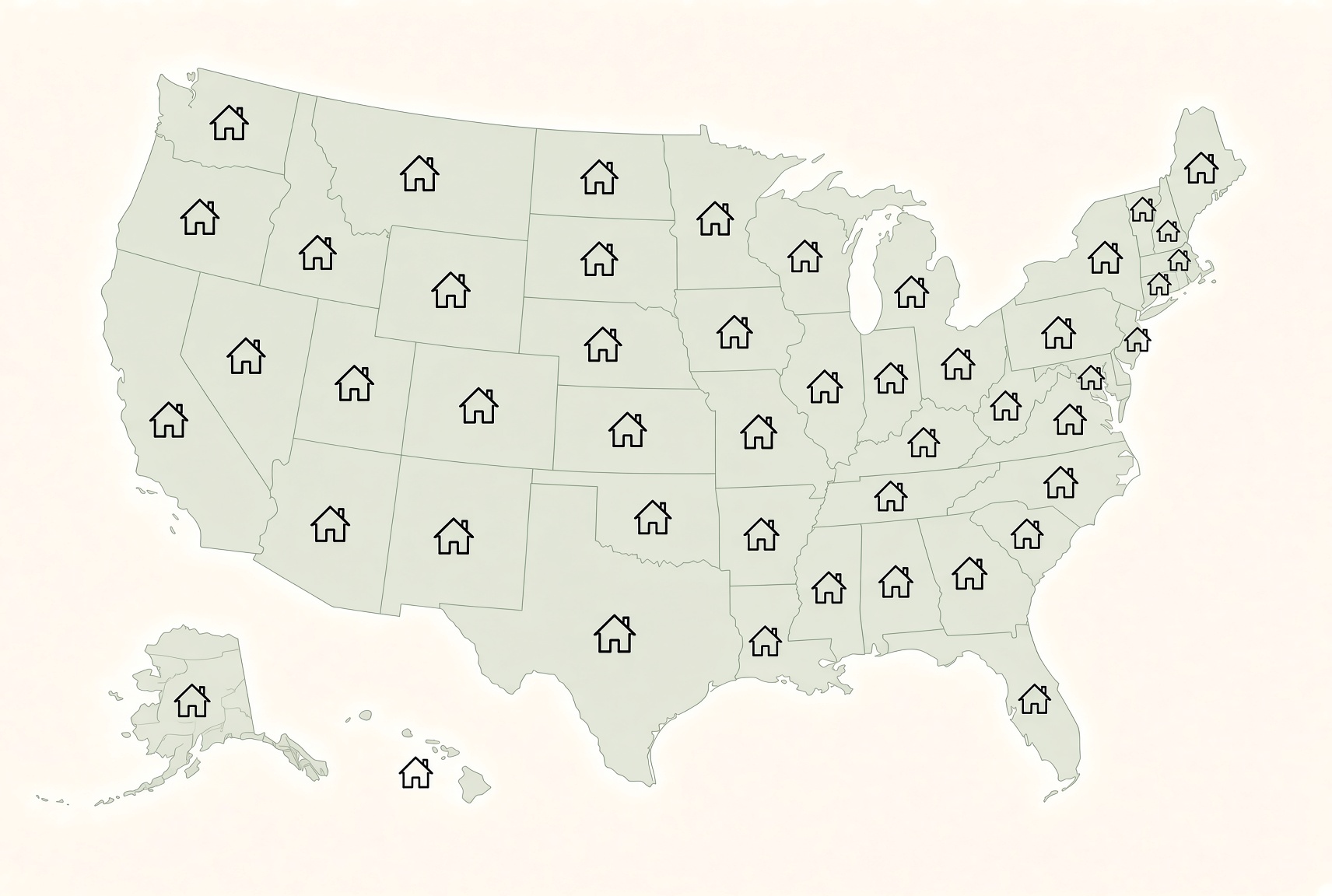 United States map with home icons across major metropolitan areas