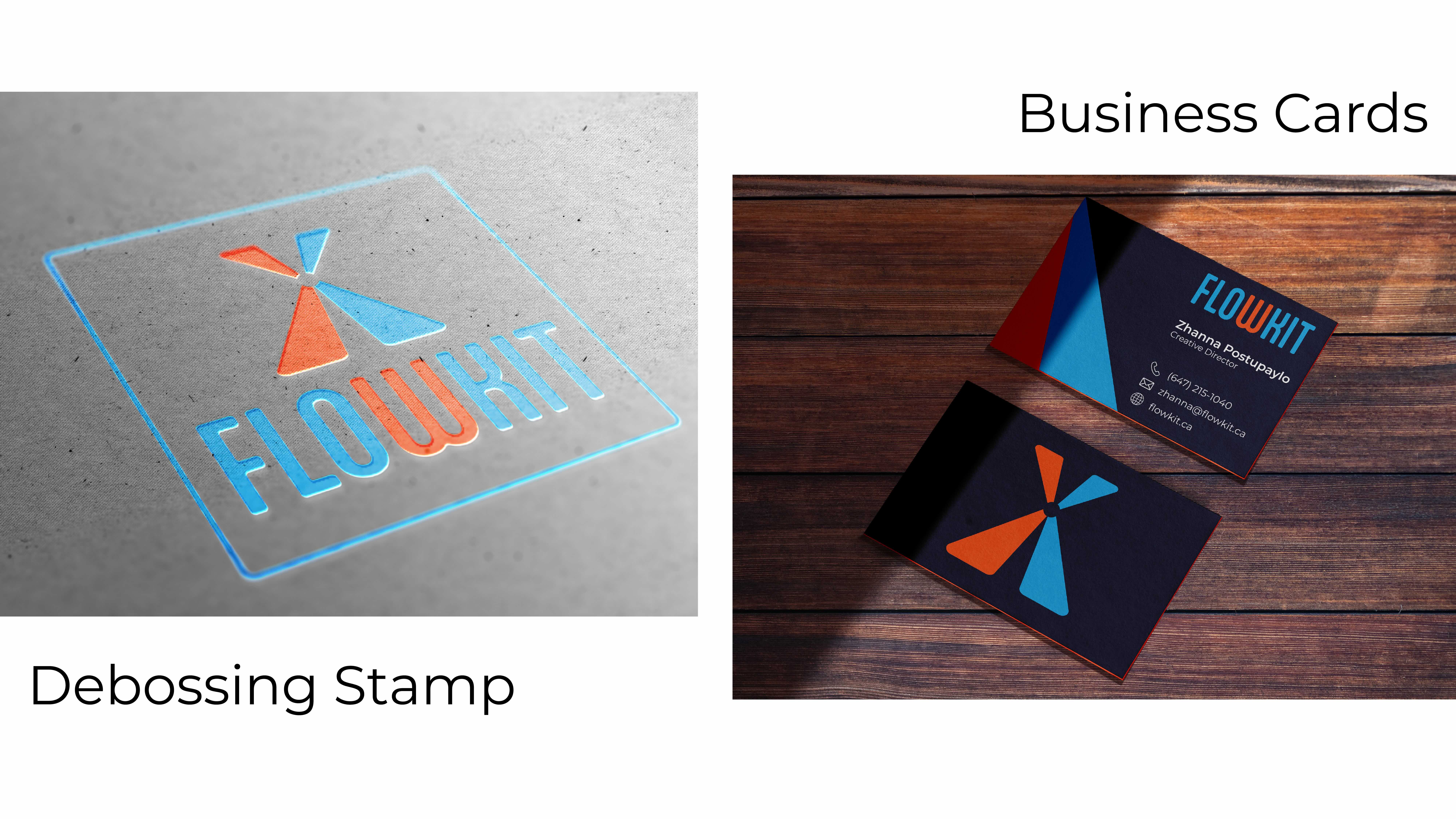 Zhanna Postupaylo | Sketch Creative | Image of business card and embossed stamp for Flowkit.