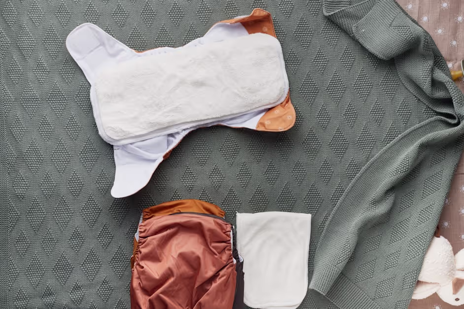 A pair of diapers sitting on top of a blanket.