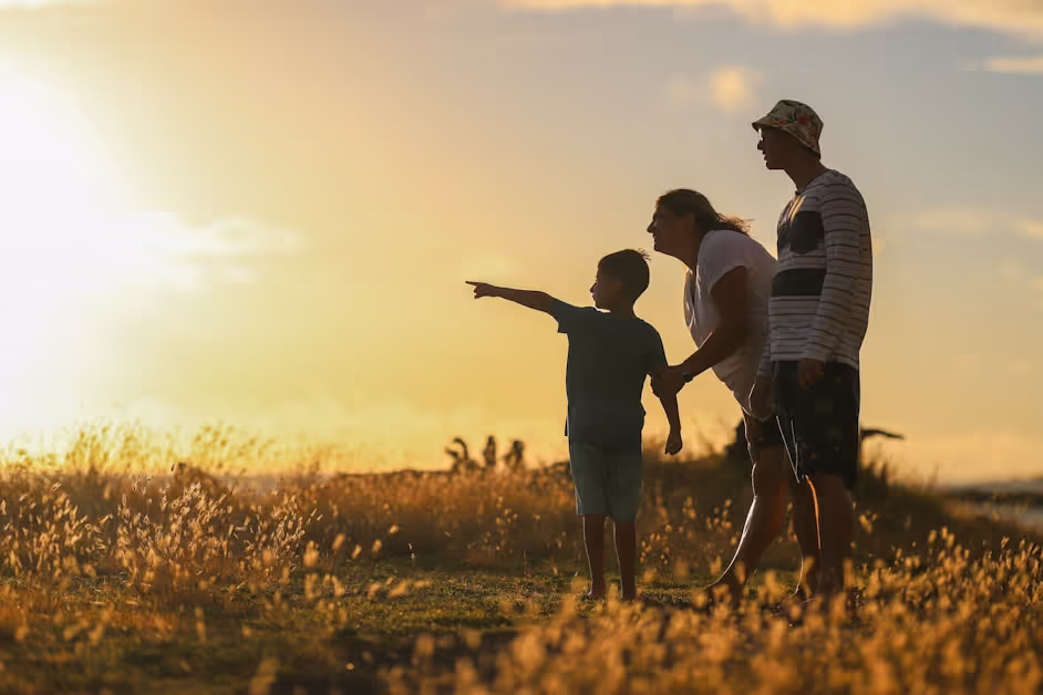 Parent holding hands with a child while walking through a golden field at sunset.