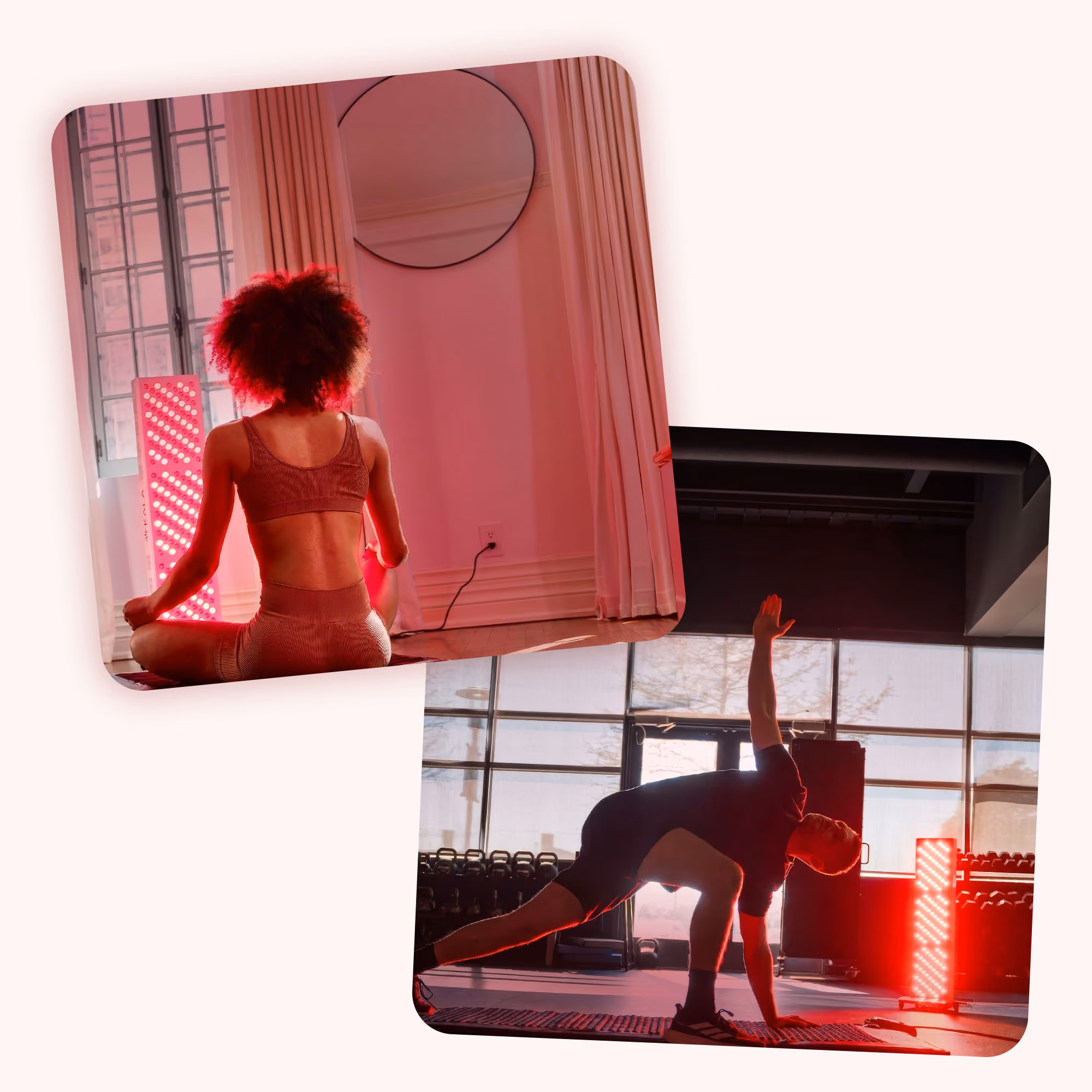 Une femme assise en tailleur de dos, face à une lumière rouge verticale, dans une pièce avec fenêtres et miroir rond, et un homme faisant une posture d'étirement avec une main levée dans une salle de sport devant une lumière rouge verticale, avec fenêtres en arrière-plan et matériel de gym.