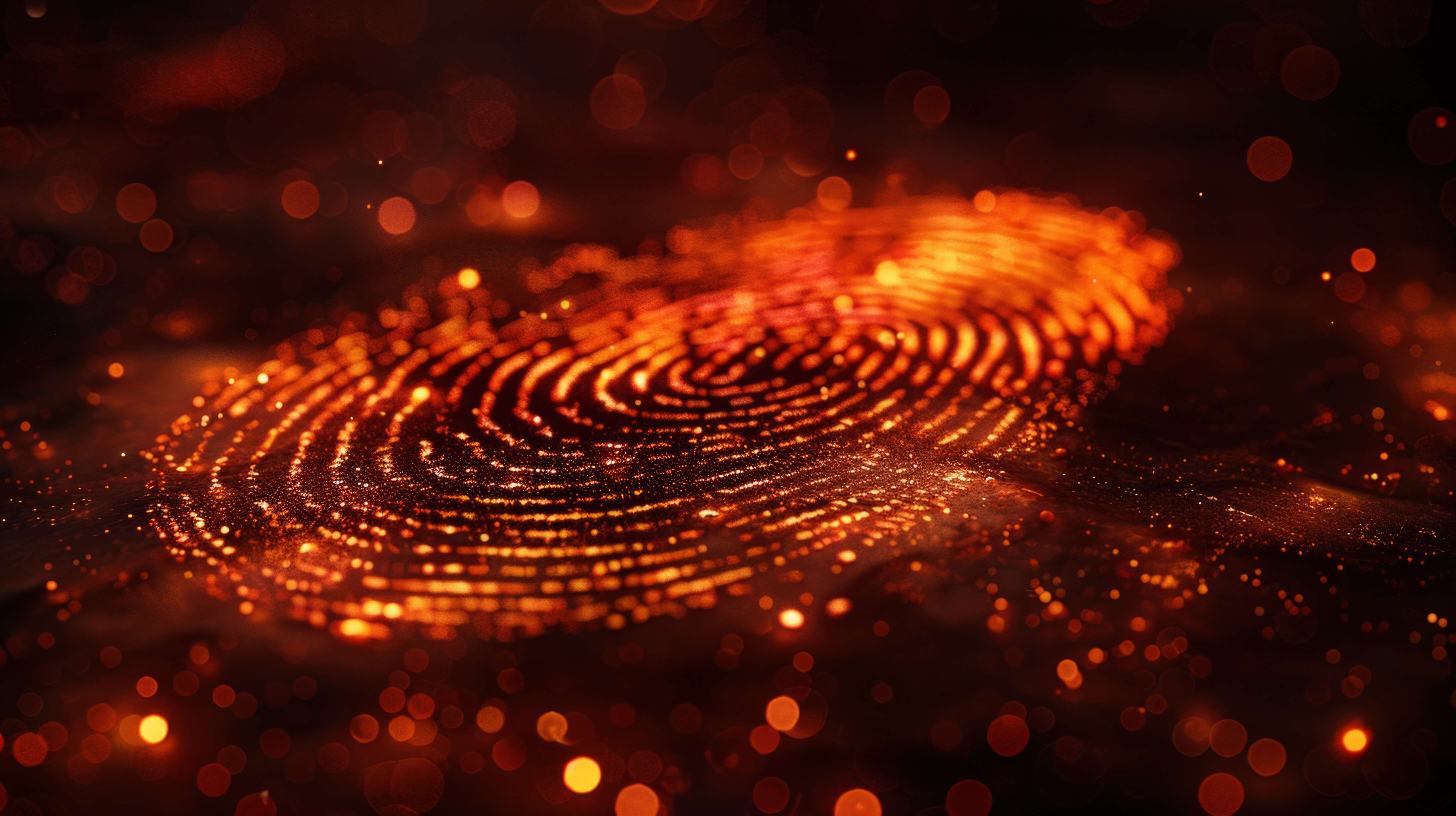 Glowing digital fingerprint with swirling orange particles and bokeh effect