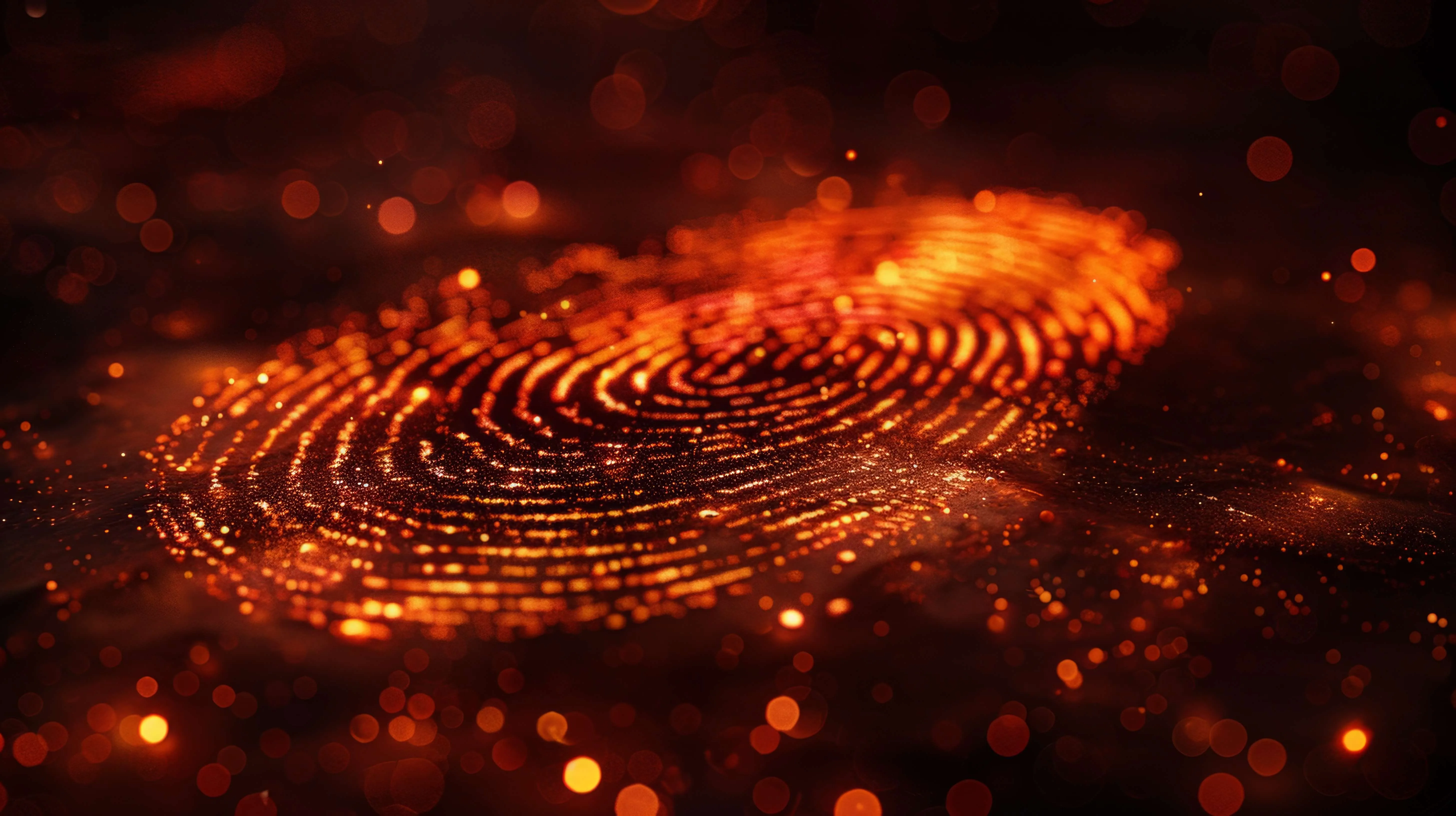 Glowing digital fingerprint with swirling orange particles and bokeh effect