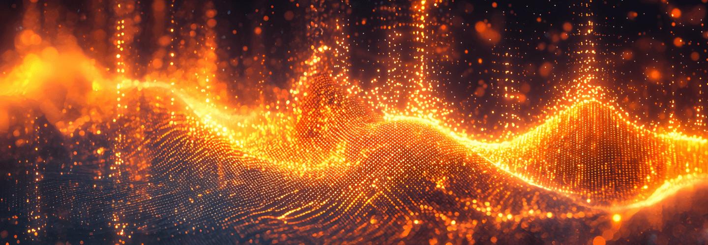 Glowing orange digital waves of particles creating abstract technological landscape