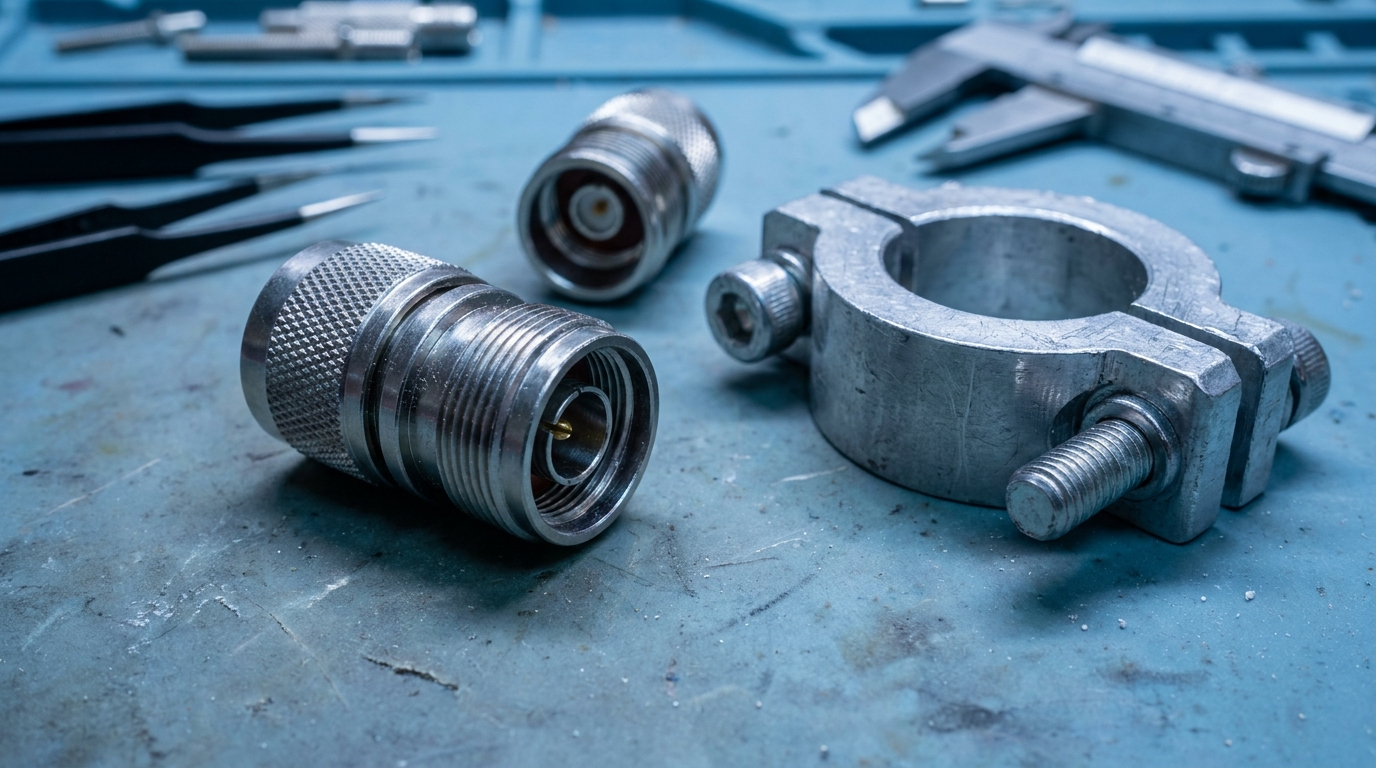 N-type RF connectors and mast mounting adapter on a workbench