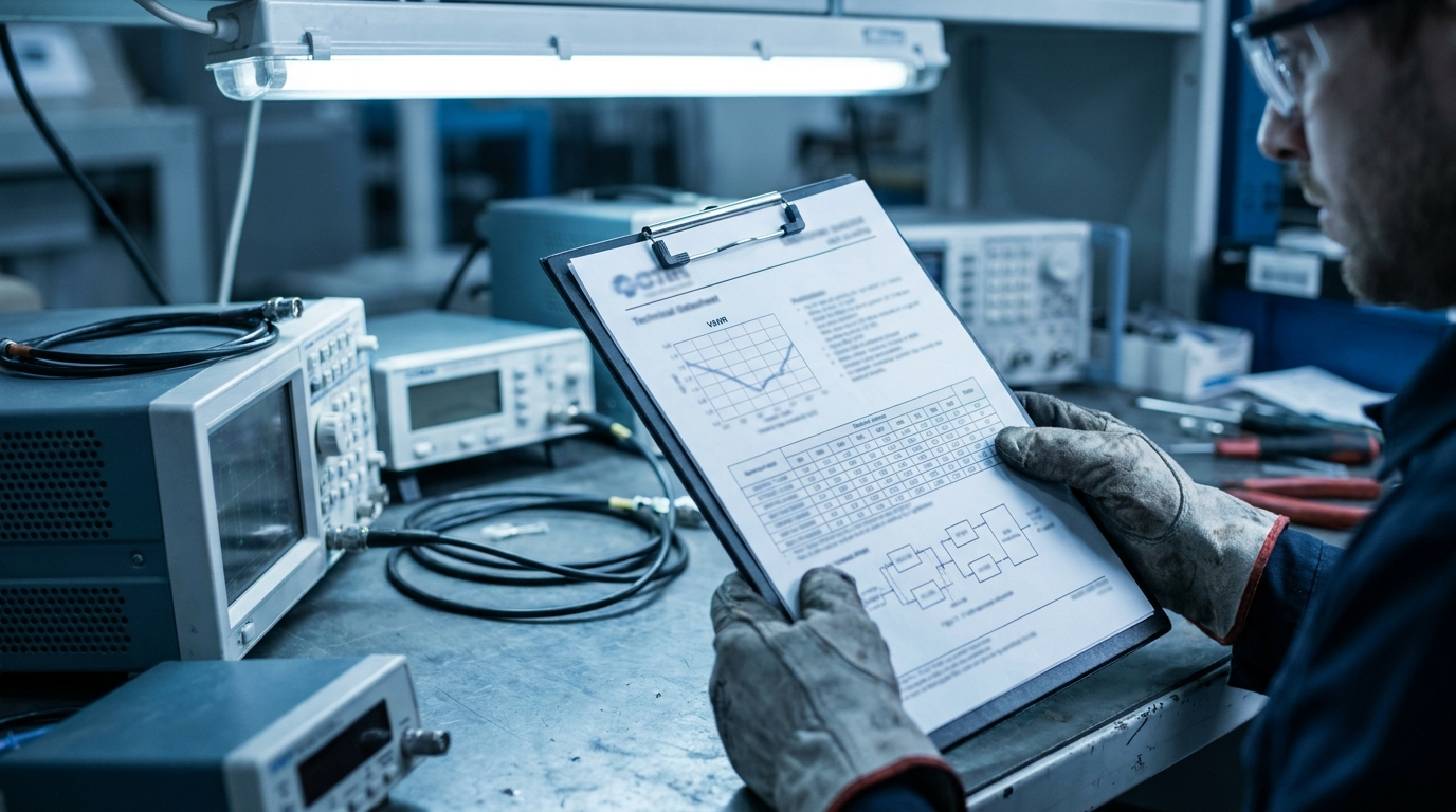 Engineer reviewing an antenna datasheet with VSWR graph