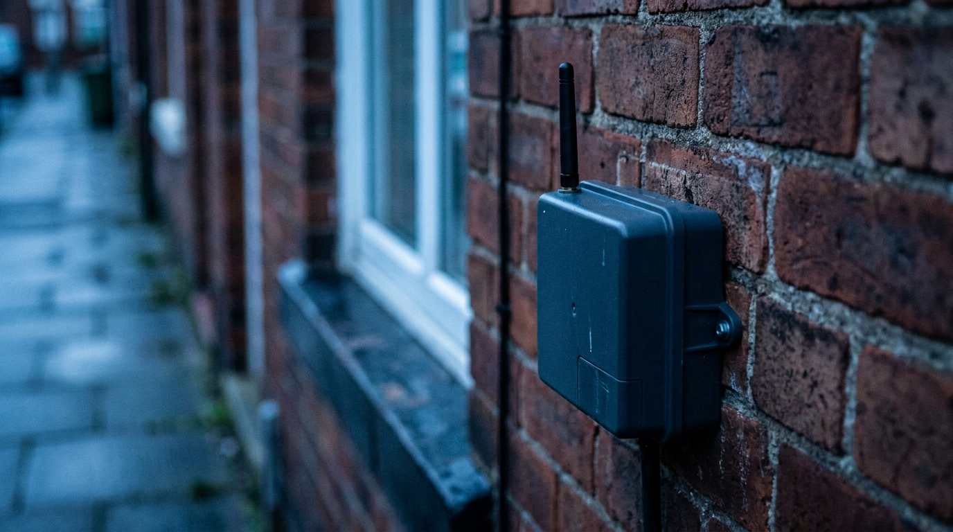 Smart meter with integrated antenna on a residential wall