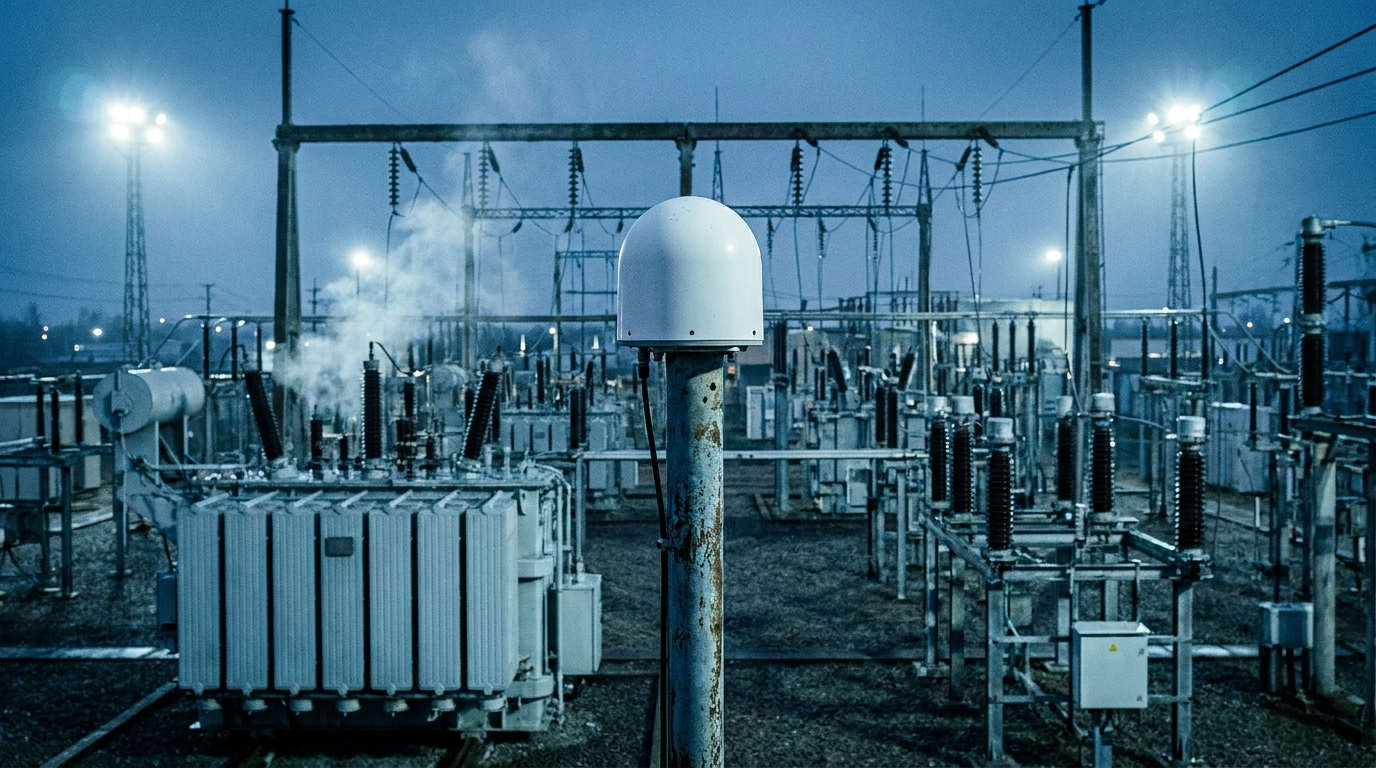 GNSS timing antenna mounted above an electrical substation