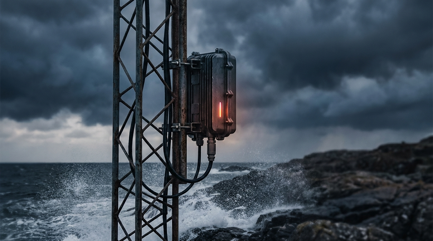 Weatherproof antenna on an exposed coastal industrial mast in a storm