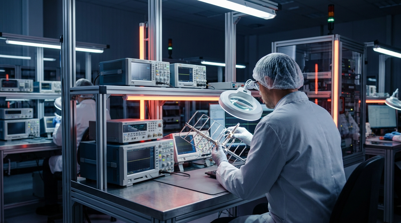 Engineer inspecting an antenna component in a European manufacturing facility